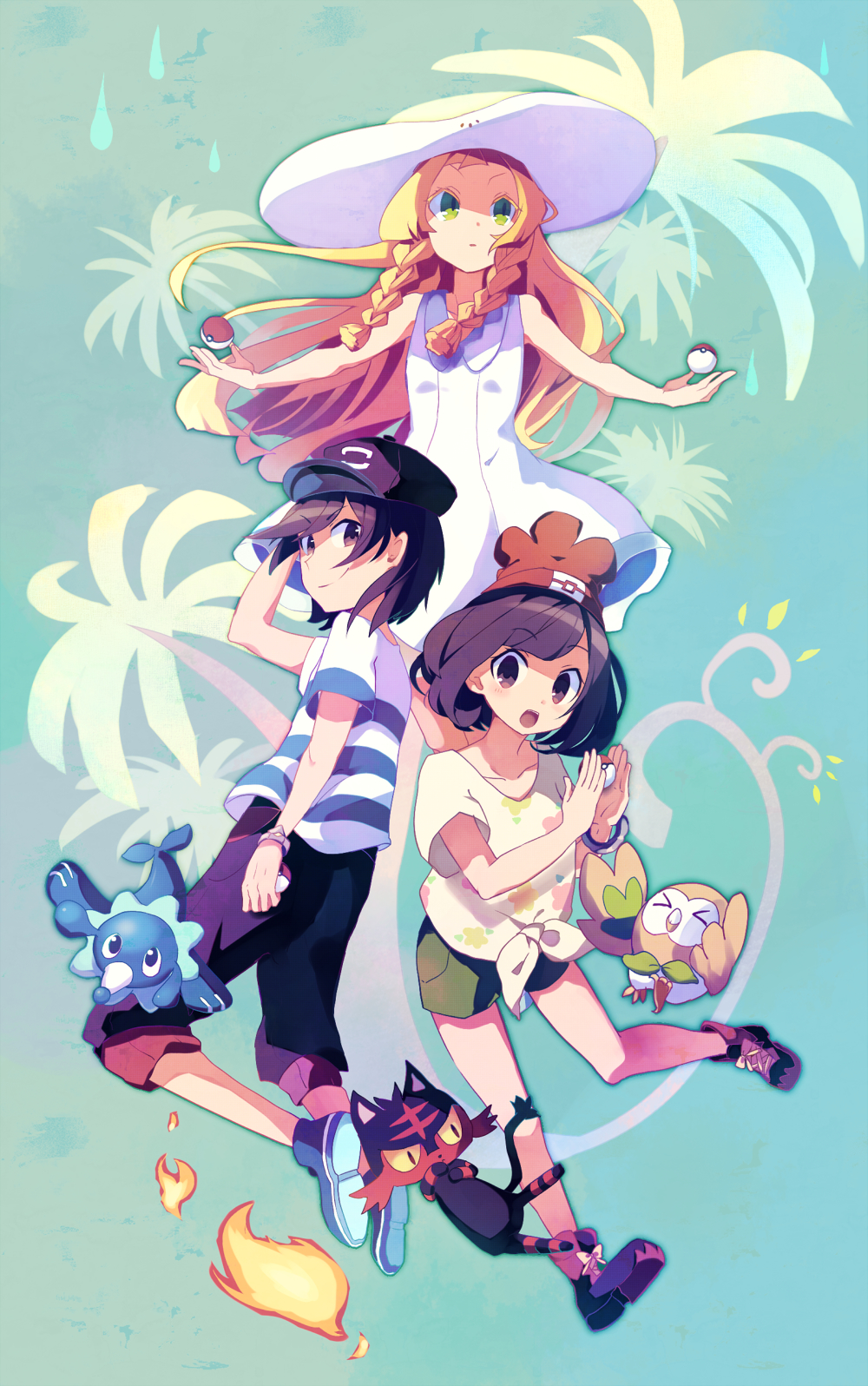 1boy 2girls artist_request blonde_hair braid brown_eyes brown_hair capri_pants dress female_protagonist_(pokemon_sm) green_eyes hat highres lillie_(pokemon) litten_(pokemon) long_hair male_protagonist_(pokemon_sm) md5_mismatch multiple_girls nyowaa417 open_mouth outstretched_arms pants poke_ball pokemon pokemon_(creature) pokemon_(game) pokemon_sm popplio rowlet shirt shoes short_hair shorts sleeveless sleeveless_dress sun_hat sundress twin_braids white_dress