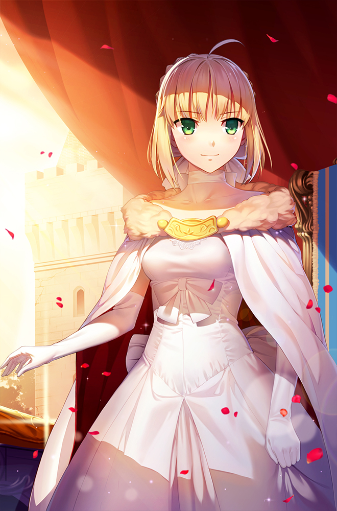 1girl ahoge artoria_pendragon_(all) backlighting blonde_hair bow breasts building choker closed_mouth collarbone curtains dress elbow_gloves fate/stay_night fate_(series) fur_collar fur_trim gloves green_eyes petals rose_petals saber short_hair smile solo sparkle standing sunlight vmax-ver wedding_dress white_bow white_cape white_dress white_gloves