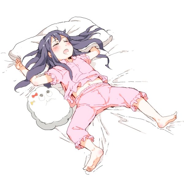 1girl akatsuki_(kantai_collection) arms_up barefoot black_hair bow character_doll closed_eyes commentary_request drooling gomennasai kantai_collection legs_apart long_hair lying messy_hair miss_cloud navel on_back on_bed open_mouth outstretched_arms pajamas pillow pink_pajamas sketch sleeping solo spread_arms white_background