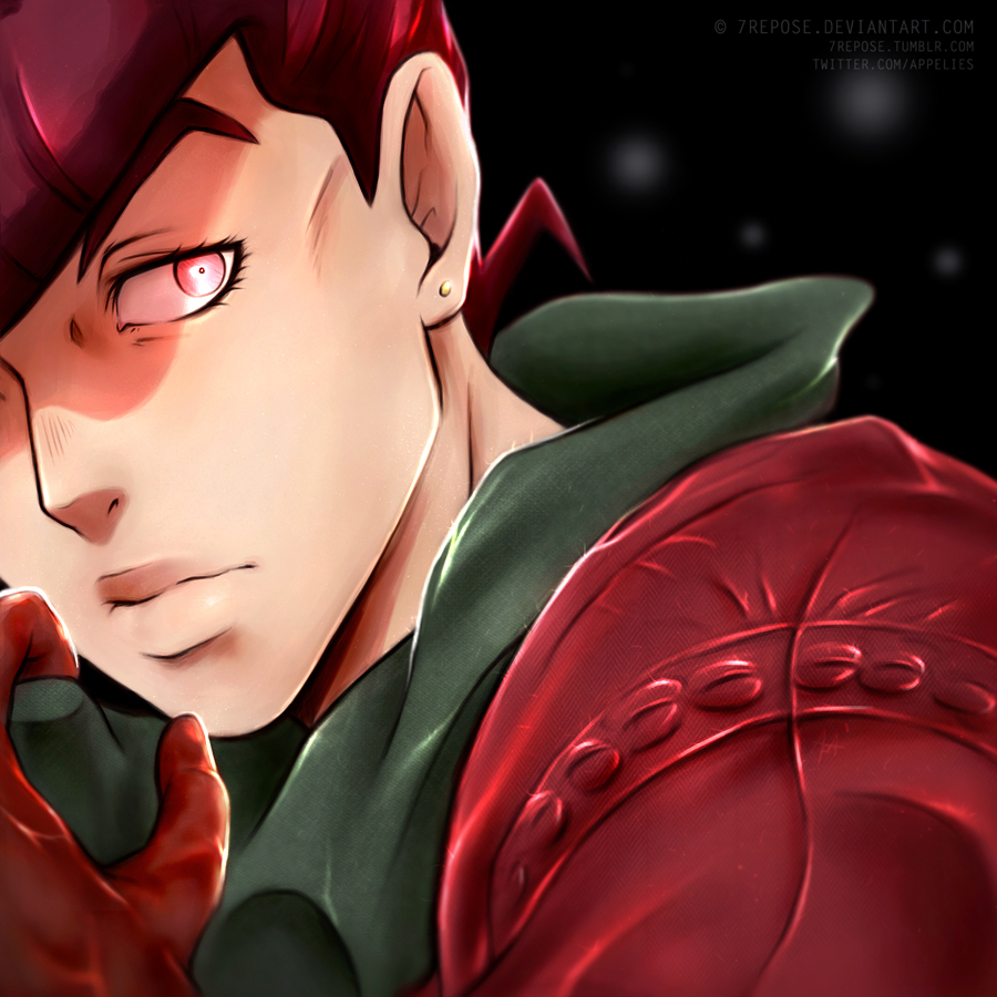 1boy 7repose black_background earrings face gloves higashikata_jousuke jewelry jojo_no_kimyou_na_bouken male_focus pompadour red_eyes red_gloves redhead scarf solo stud_earrings watermark web_address