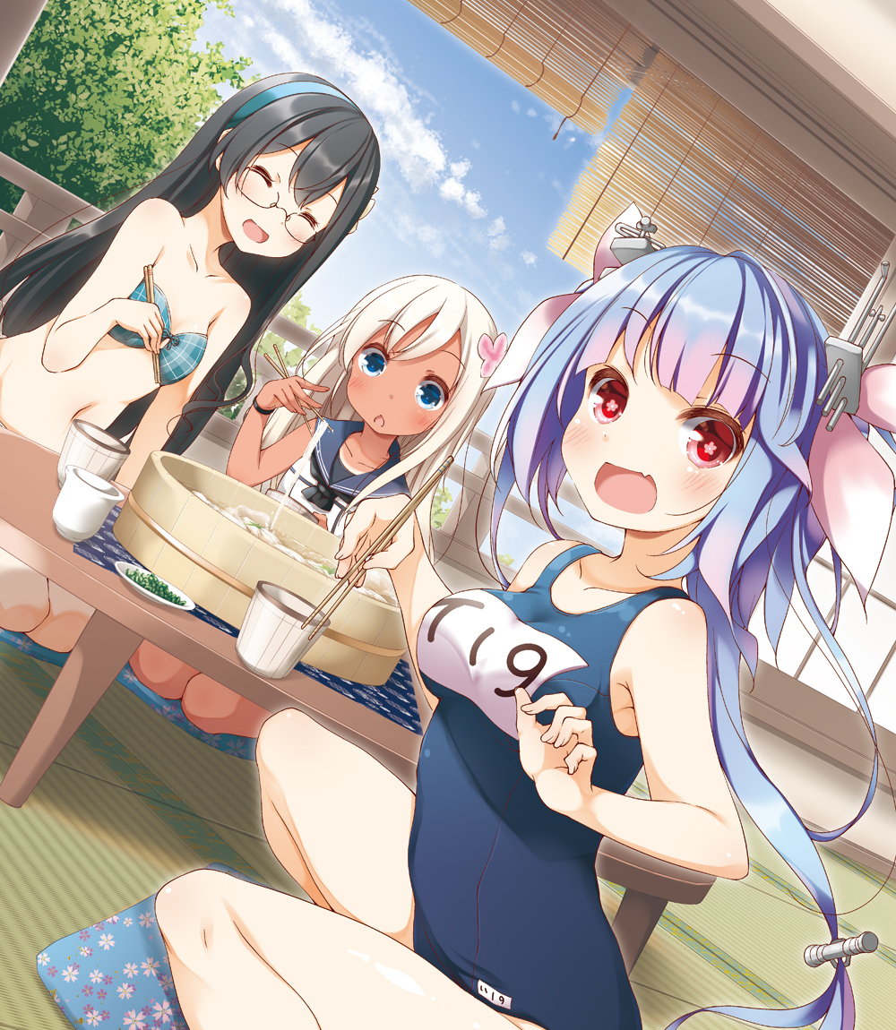 3girls :d ^_^ alternate_costume bangs bare_shoulders black_hair blonde_hair blue_eyes chestnut_mouth chopsticks closed_eyes fang flower food glasses hair_flower hair_ornament hair_ribbon hairband i-19_(kantai_collection) kantai_collection long_hair multiple_girls name_tag noodles ohitsu ooyodo_(kantai_collection) open_mouth red_eyes ribbon ro-500_(kantai_collection) school_swimsuit smile soumen star star-shaped_pupils swimsuit symbol-shaped_pupils tan tatami tri_tails yume_no_owari