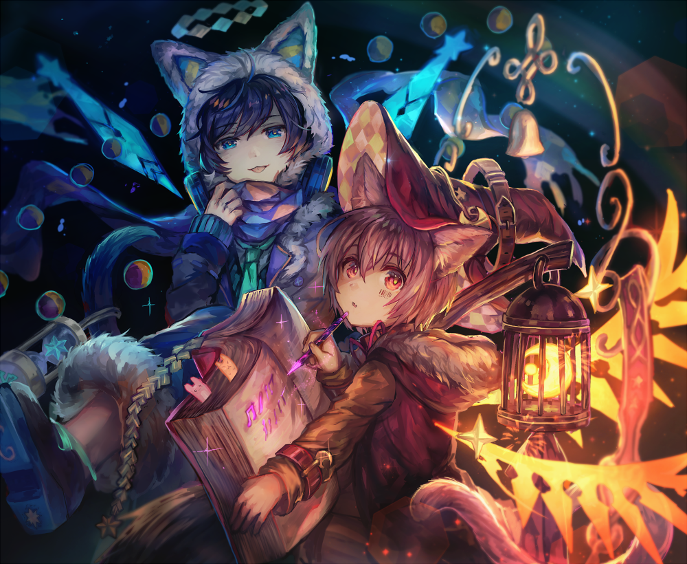 2boys :3 :d :o animal_ears belt blue_eyes blue_hair book brown_hair fur_trim hat hood lantern mafumafu magic multiple_boys niconico open_mouth orange_eyes shigaraki_(strobe_blue) smile soraru witch_hat