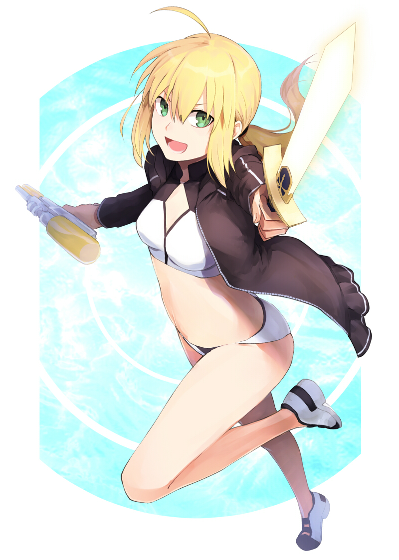 1girl ahoge bikini blonde_hair breasts dual_wielding fate/grand_order fate_(series) full_body green_eyes jacket long_hair low_ponytail midriff open_clothes open_jacket open_mouth ponytail running saber shoes small_breasts smile sneakers solo somemiya_suzume sports_bikini swimsuit sword tankini track_jacket water_gun weapon