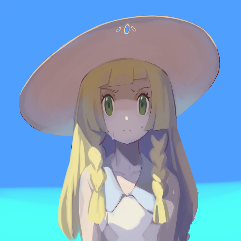 1girl bangs blonde_hair blue_sky braid closed_mouth collarbone day dress frown green_eyes hat lillie_(pokemon) long_hair looking_at_viewer ocean outdoors pokemon pokemon_(game) pokemon_sm ponimu sky solo sweat twin_braids upper_body water white_dress white_hat