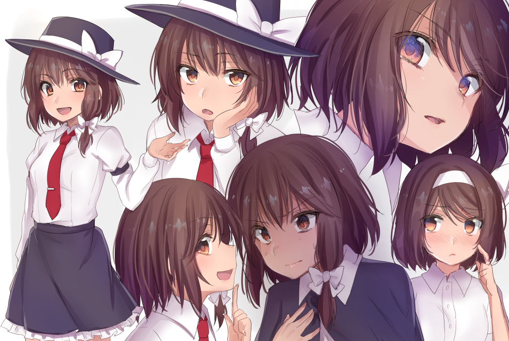 1girl :d arm_garter asa_(coco) black_hat black_skirt blush bow brown_eyes brown_hair capelet chin_rest closed_mouth collared_shirt commentary cowboy_shot expressions finger_to_cheek frilled_skirt frills hair_bow hat hat_bow juliet_sleeves long_sleeves looking_at_viewer looking_away necktie no_hat no_headwear nose_blush open_mouth parted_lips profile puffy_sleeves red_necktie shirt short_hair skirt smile touhou usami_renko white_bow white_shirt