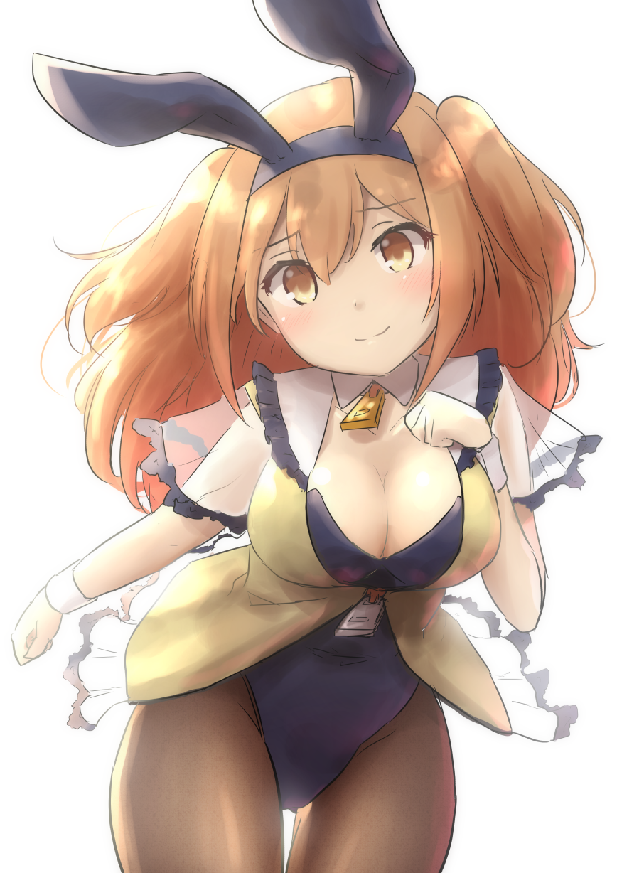 1girl adapted_costume animal_ears black_legwear blush breasts bright_background bunny_girl bunnysuit detached_collar fake_animal_ears frills hairband highres i-26_(kantai_collection) kantai_collection large_breasts leotard light_brown_eyes light_brown_hair long_hair looking_at_viewer pantyhose rabbit_ears short_sleeves smile solo transparent_sleeves two_side_up wamu_(chartreuse) wrist_cuffs zipper