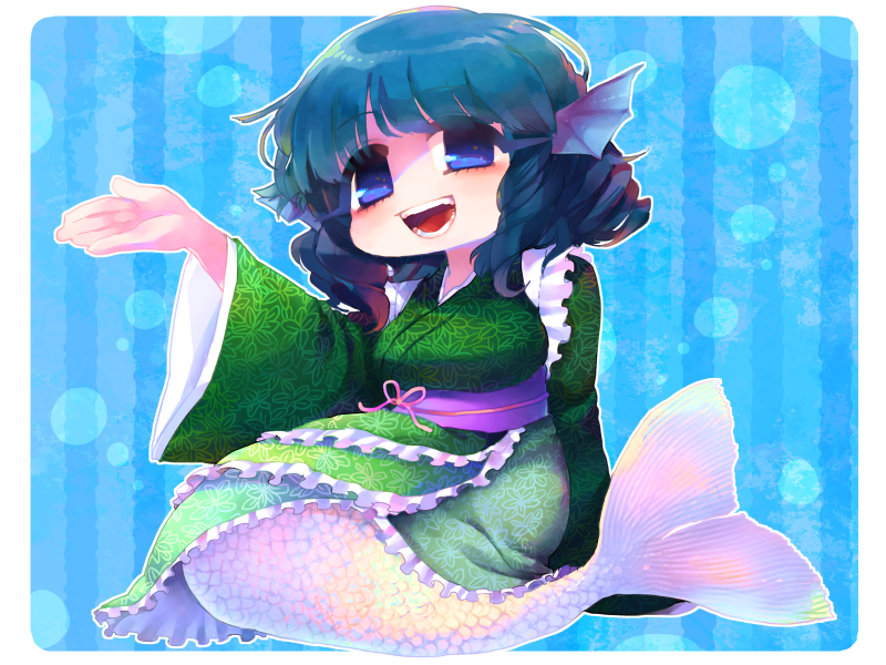1girl blue_eyes blue_hair blush breasts commentary_request drill_hair floral_print head_fins japanese_clothes kimono layered_clothing layered_kimono long_sleeves medium_breasts mermaid monster_girl obi open_mouth outstretched_hand sash scales sitting smile syoumikigengire teeth touhou wakasagihime wide_sleeves yokozuwari