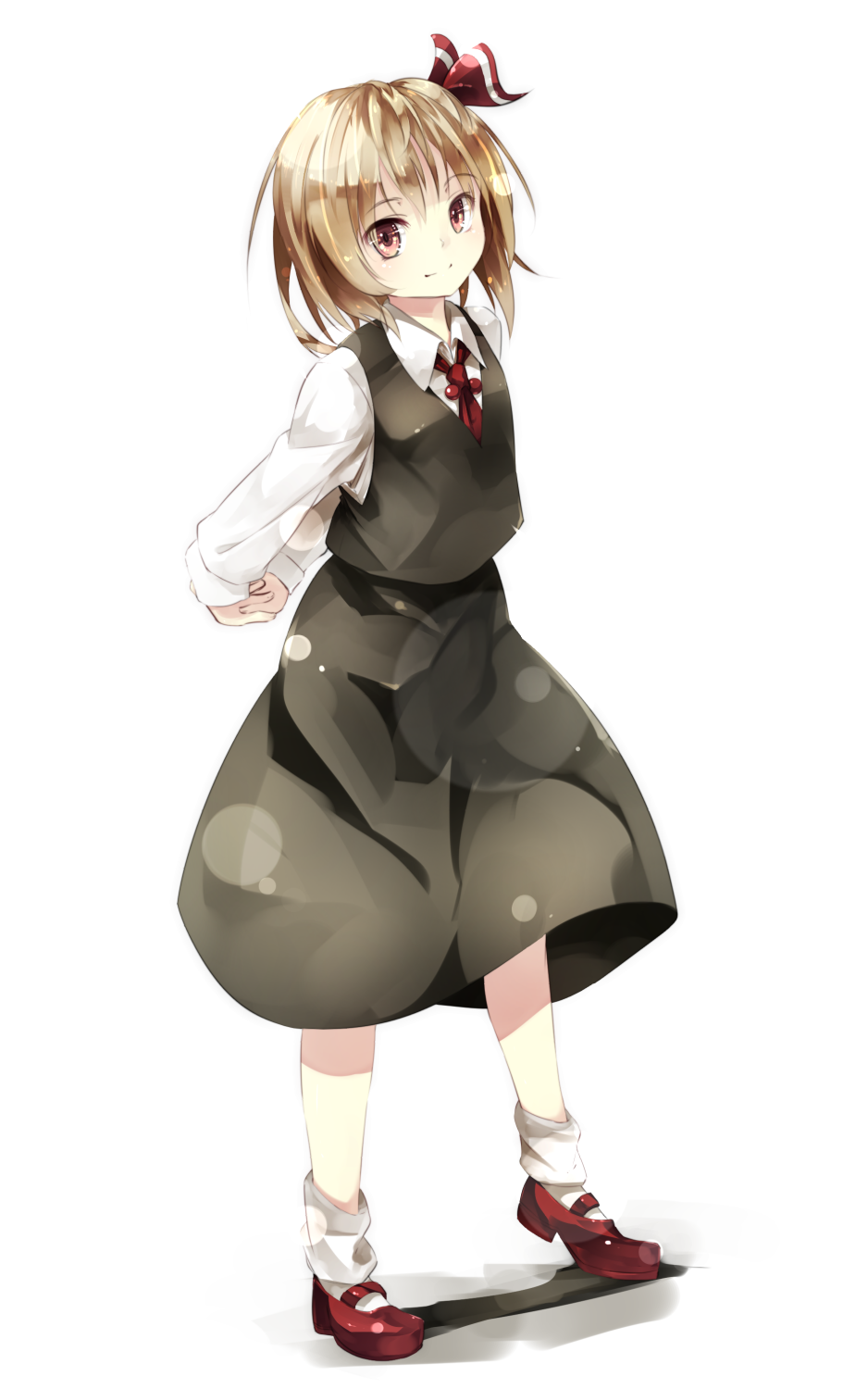 1girl arms_behind_back blonde_hair blush collared_shirt commentary date_pun gorilla_(bun0615) hair_ribbon hands_clasped highres long_sleeves looking_at_viewer mary_janes number_pun red_eyes red_shoes ribbon rumia shirt shoes short_hair skirt smile socks solo touhou vest