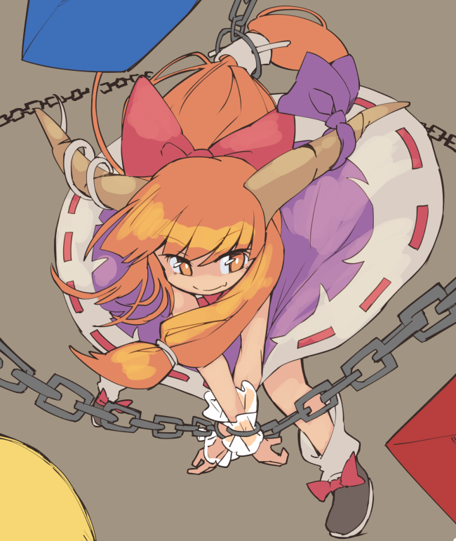 1girl bow brown_background chain commentary_request cuffs hair_bow horn_bow horn_ribbon horns ibuki_suika ini_(inunabe00) looking_to_the_side low_ponytail orange_eyes orange_hair purple_bow purple_skirt red_bow ribbon ribbon_trim shackles shoe_bow shoes skirt sleeveless smile solo touhou