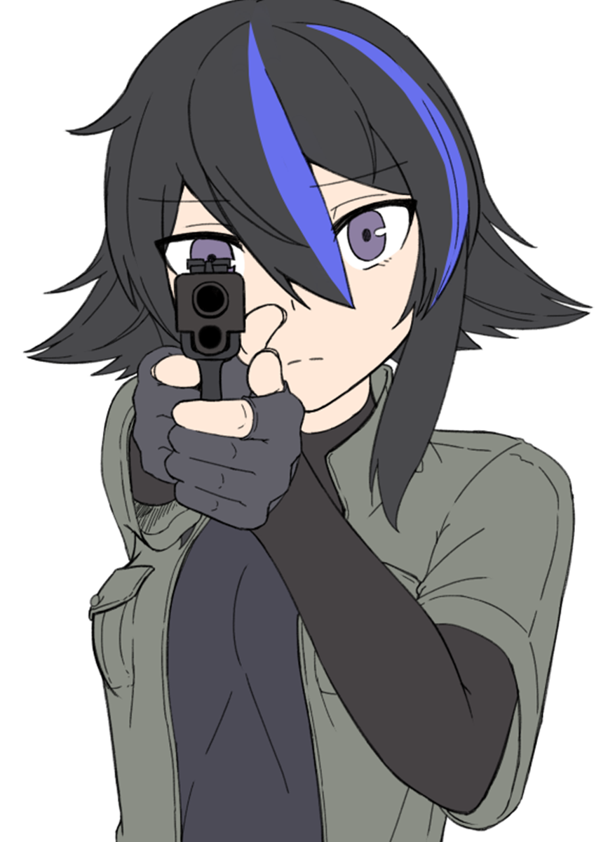 1girl aiming_at_viewer black_hair blue_hair eyebrows eyebrows_visible_through_hair fingerless_gloves glock gloves gun handgun highres looking_at_viewer multicolored_hair original paravene pistol two-tone_hair violet_eyes weapon