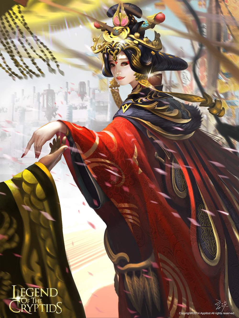 1girl 2014 banner black_hair brown_eyes chinese_clothes copyright_name dousanxian hair_ornament hair_stick headpiece highres legend_of_the_cryptids lipstick long_hair looking_at_viewer makeup nail_polish outdoors pale_skin petals red_nails standing watermark wide_sleeves yang_guifei