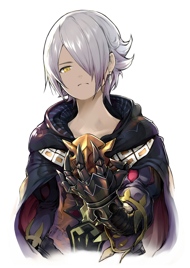 androgynous black_gloves cape earrings frown gauntlets gloves grey_hair hair_over_one_eye jewelry little_noah looking_at_viewer pomeroxu upper_body white_background yellow_eyes