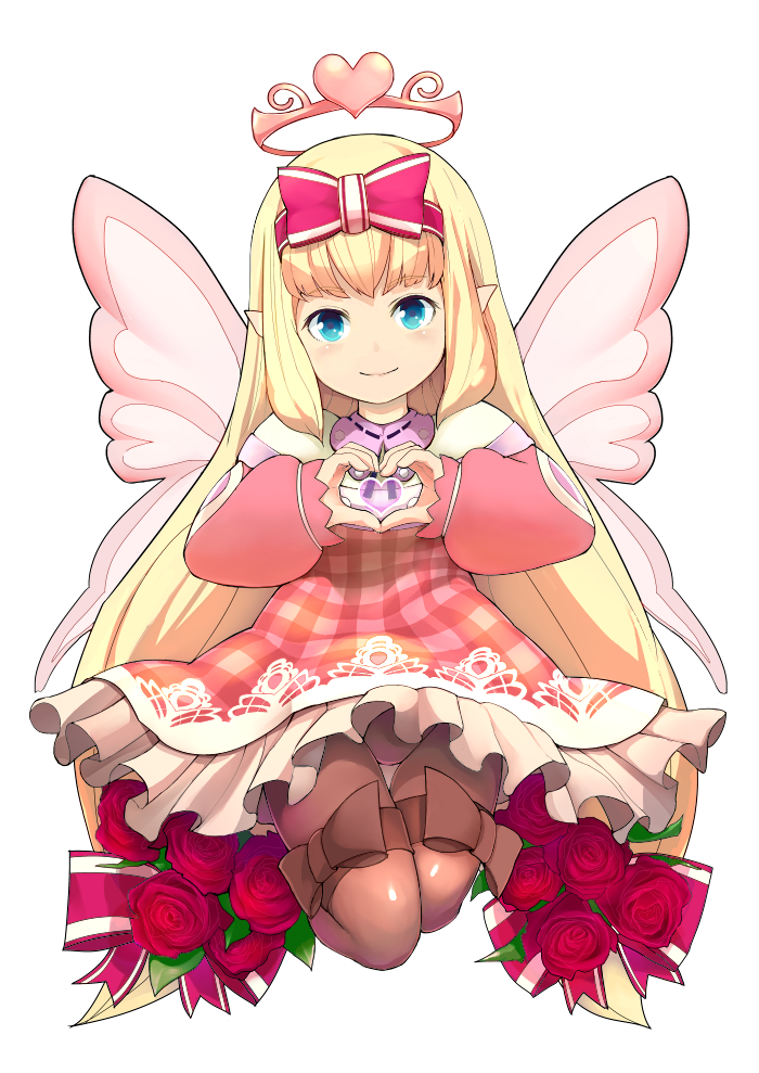 1girl blonde_hair blue_eyes bow brown_bow chocolate_angel dress flower full_body halo heart heart_hands little_noah long_hair looking_at_viewer pantyhose pink_dress pink_wings pointy_ears pomeroxu rose smile solo very_long_hair white_background wings