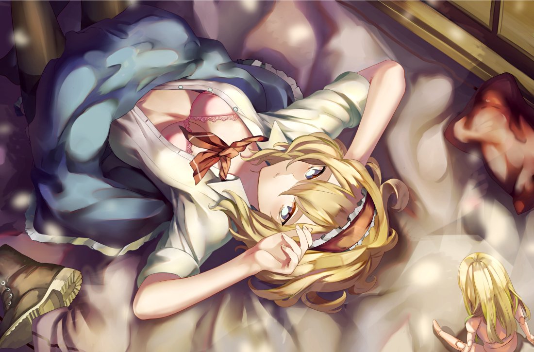 1girl alice_margatroid bed_sheet blonde_hair blue_eyes blue_skirt boots boots_removed bra breasts brown_boots brown_legwear closed_mouth doll doll_joints eredhen from_above hairband knees_up looking_at_viewer lying medium_breasts neck_ribbon on_back on_bed pantyhose pillow pink_bra ribbon short_hair short_sleeves skirt solo touhou underwear window
