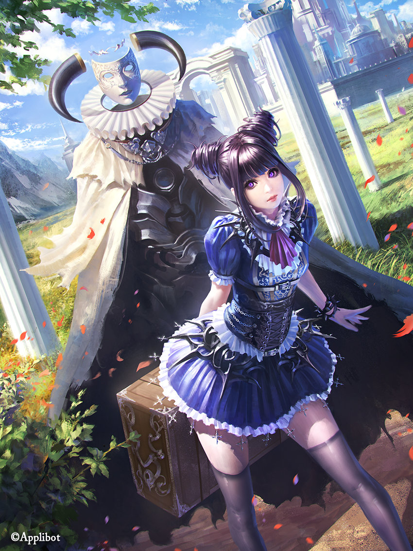 1girl arch black_hair black_legwear blue_skirt blue_sky bracelet clouds collar column cravat dutch_angle frilled_collar frills grass horns invisible jewelry looking_at_viewer luggage mask outdoors petals pillar plant shuichi_wada skirt sky spiked_bracelet spikes standing thigh-highs violet_eyes watermark