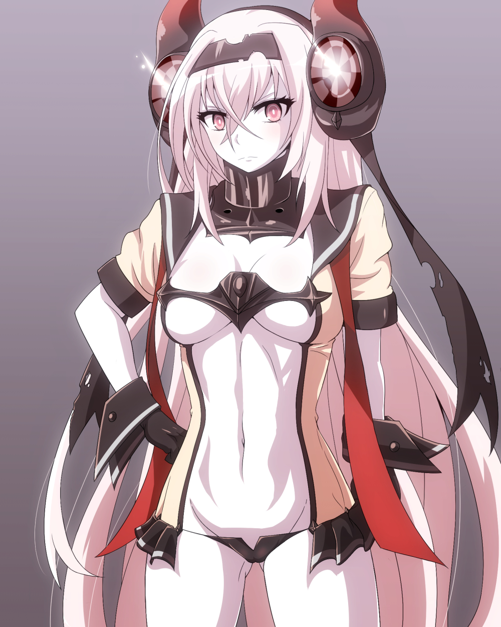 &gt;:( 1girl air_defense_hime ass_visible_through_thighs black_gloves black_ribbon blush breasts cleavage closed_mouth commentary_request cowboy_shot dress gloves grey_background hair_ribbon hairband hand_on_hip headgear highres kantai_collection large_breasts long_hair looking_at_viewer midriff navel open_clothes open_dress pale_skin quatre_aaaa red_eyes ribbon sailor_collar shinkaisei-kan short_dress short_sleeves solo stomach white_hair white_skin