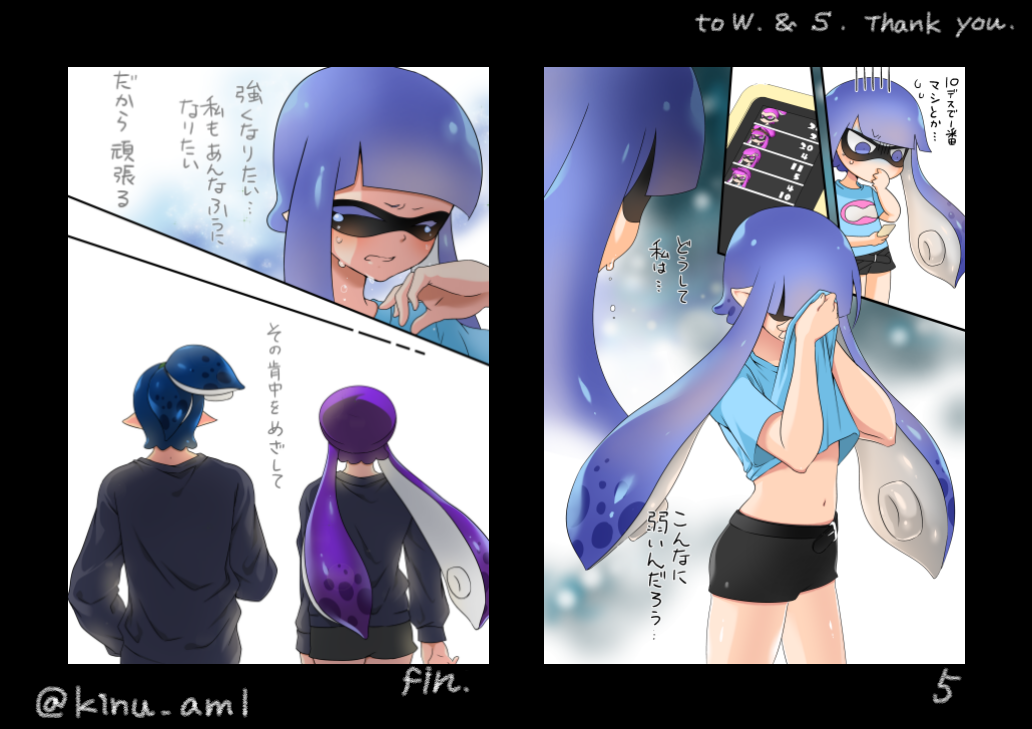 1boy 2girls arms_up back bangs belt bike_shorts black_shorts blue_eyes blue_hair blunt_bangs chibi closed_eyes comic crying domino_mask fangs gloom_(expression) hair_slicked_back hand_on_own_face hand_to_own_mouth hat holding inkling long_hair long_sleeves mask multiple_girls phone pointy_ears purple_hair scrunchie shirt shirt_lift short_hair shorts splatoon sweatdrop t-shirt tears tentacle_hair topknot translation_request wiping_tears yuitanpo