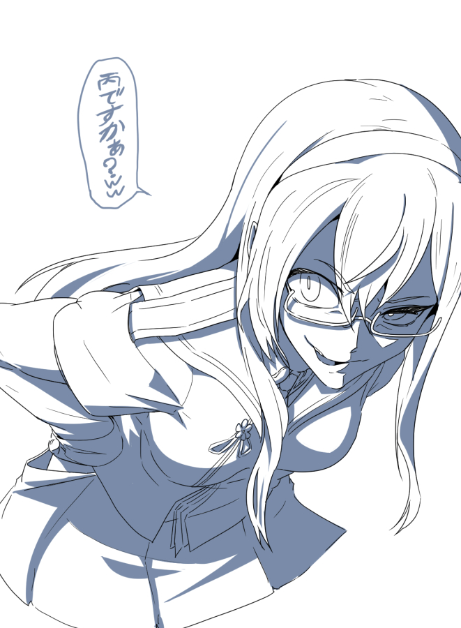 1girl bangs commentary_request crazy_eyes gesugao glasses hairband hakama_skirt hands_on_hips kantai_collection long_hair long_sleeves monochrome ooyodo_(kantai_collection) parted_lips school_uniform serafuku sidelocks sketch smirk solo tongue tongue_out torichamaru translated