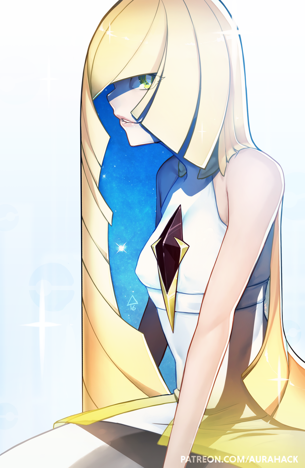 1girl blonde_hair erica_june_lahaie from_side green_eyes highres image_fill long_hair looking_at_viewer lusamine_(pokemon) parted_lips pokemon pokemon_(game) pokemon_sm smile solo upper_body very_long_hair