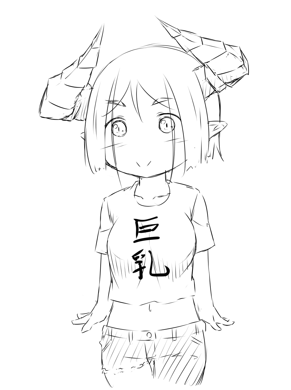 1girl bangs breasts chibi copyright_request demon_horns denim highres horns jeans looking_at_viewer medium_breasts midriff monochrome navel niwatazumi pants shirt short_hair short_sleeves sketch smile t-shirt translated white_background
