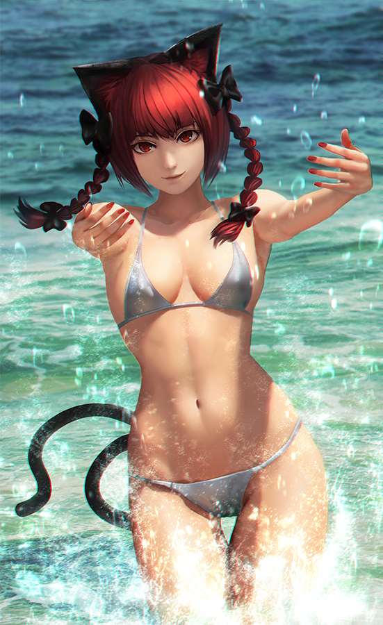 1girl animal_ears ass_visible_through_thighs bikini bow braid breasts cat_tail chromatic_aberration collarbone hair_bow kaenbyou_rin looking_at_viewer minami_koyogi nail_polish navel partially_submerged photo_background red_eyes redhead small_breasts smile solo splashing swimsuit tail thigh_gap touhou twin_braids water