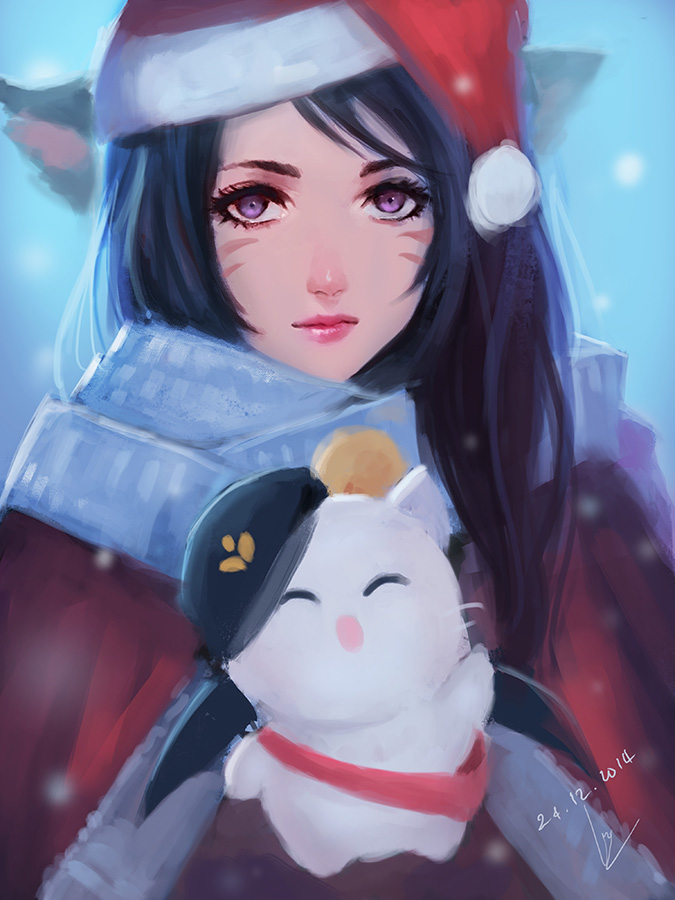 1girl 2014 animal_ears black_hair dated facepaint final_fantasy final_fantasy_xiv hat lips looking_at_viewer miqo'te moogle nguyen_uy_vu santa_costume santa_hat solo upper_body violet_eyes whisker_markings