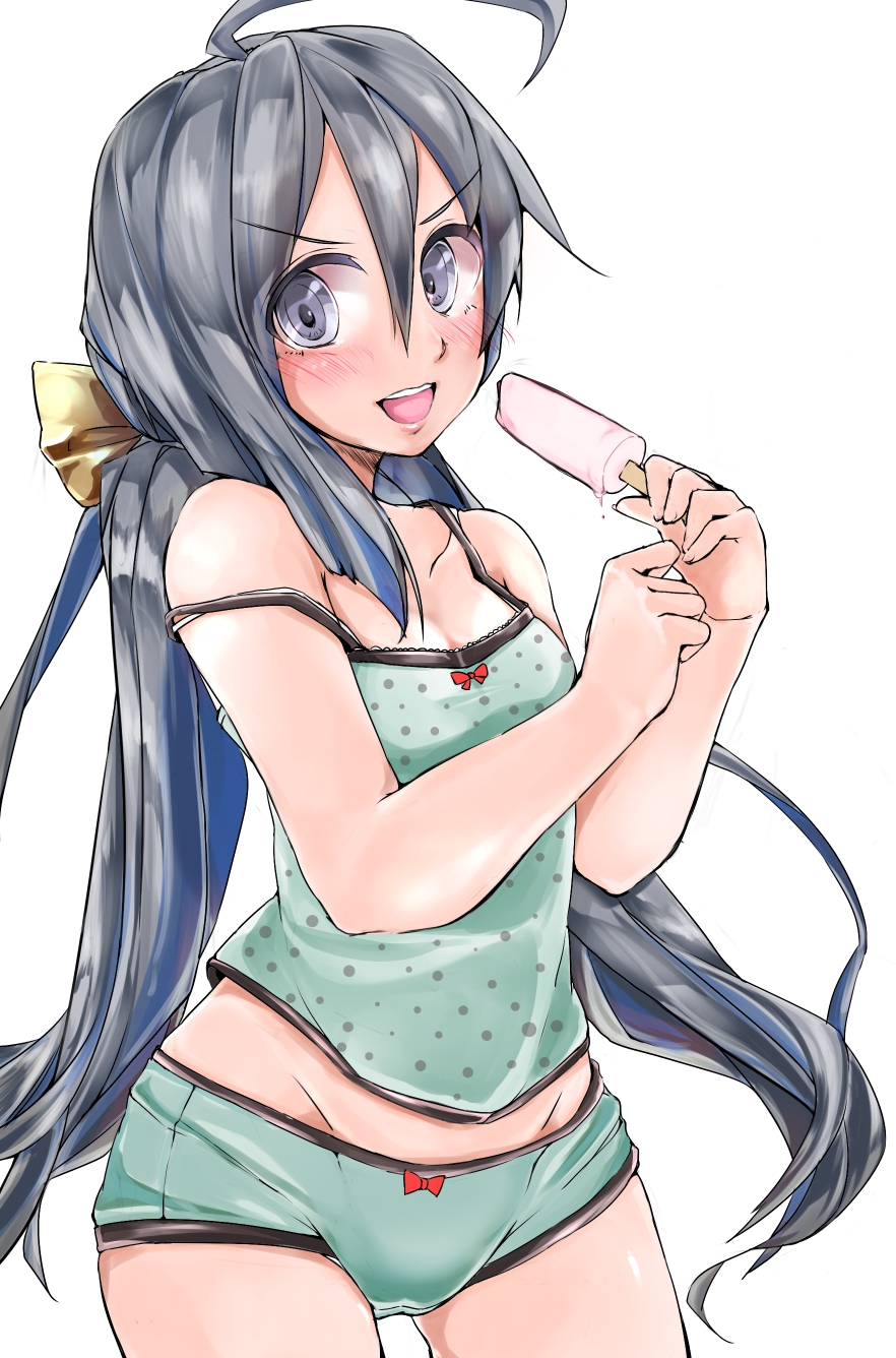 1girl :d ahoge bare_shoulders blue_hair blush camisole commentary commentary_request dripping eyebrows eyebrows_visible_through_hair grey_eyes grey_hair groin hair_between_eyes hair_bun hair_ribbon highres holding kantai_collection kinou_no_shika kiyoshimo_(kantai_collection) lips long_hair looking_at_viewer low_twintails multicolored_hair open_mouth panties polka_dot popsicle ribbon simple_background smile solo strap_slip twintails underwear underwear_only very_long_hair white_background