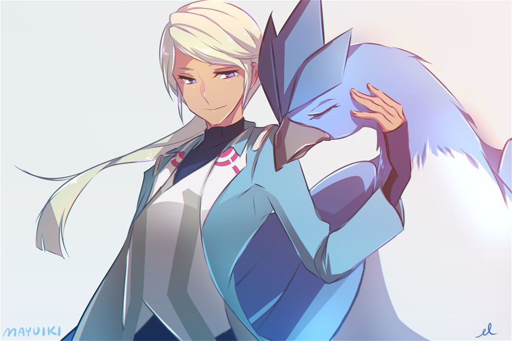 1girl articuno artist_name blanche_(pokemon) blue_eyes dark_skin jacket long_hair muki_(mayuiki) pokemon pokemon_(creature) pokemon_go ponytail sleeves_past_wrists smile white_hair