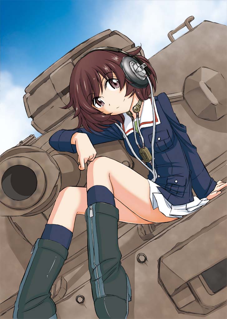 1girl akiyama_yukari arm_support bangs black_boots black_legwear blue_jacket boots brown_eyes brown_hair charlie_nishinaka clouds cloudy_sky dutch_angle full_body girls_und_panzer green_shirt ground_vehicle headphones jacket long_sleeves looking_at_viewer messy_hair military military_uniform military_vehicle miniskirt motor_vehicle outdoors panzerkampfwagen_iv pleated_skirt shirt short_hair sitting skirt sky smile socks solo tank throat_microphone uniform vehicle_request white_skirt