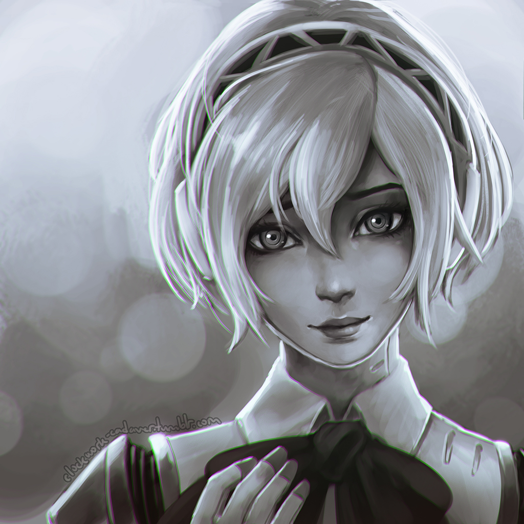 1girl aegis aegis_(persona) android artist_name closed_mouth greyscale hair_between_eyes hairband koyorin lips monochrome nose persona persona_3 portrait smile solo tumblr_username watermark web_address