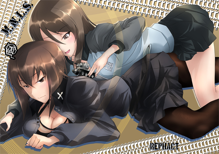 2girls angry bangs black_bra black_legwear black_skirt blue_jacket blush bra breasts brown_eyes brown_hair bt-42 cleavage cover cover_page doujin_cover dress_shirt fume girls_und_panzer grey_shirt ground_vehicle jacket long_hair long_sleeves looking_at_another lying medium_breasts mika_(girls_und_panzer) military military_vehicle miniskirt motor_vehicle multiple_girls nishizumi_maho no_hat no_headwear on_stomach open_clothes open_shirt pantyhose parted_lips pleated_skirt shirt short_hair skirt smile straddling tank toy track_jacket underwear yamo_(rephact) yuri