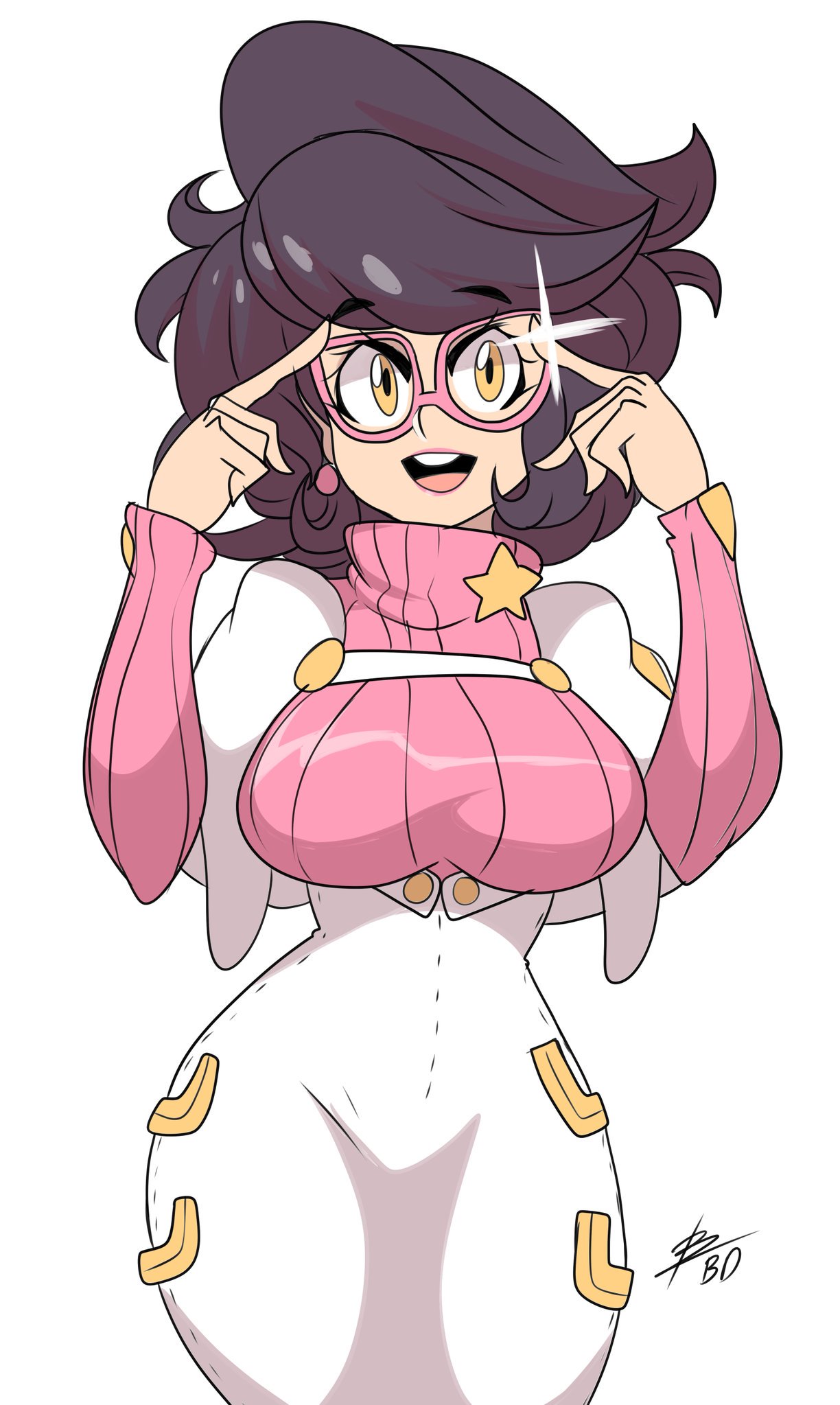 1girl bigdead93 breasts curvy eyebrows glasses highres looking_at_viewer pokemon pokemon_(game) pokemon_sm ribbed_sweater round_teeth smile solo solo_focus sweater teeth thick_eyebrows turtleneck turtleneck_sweater vicke_(pokemon) wide_hips yellow_eyes