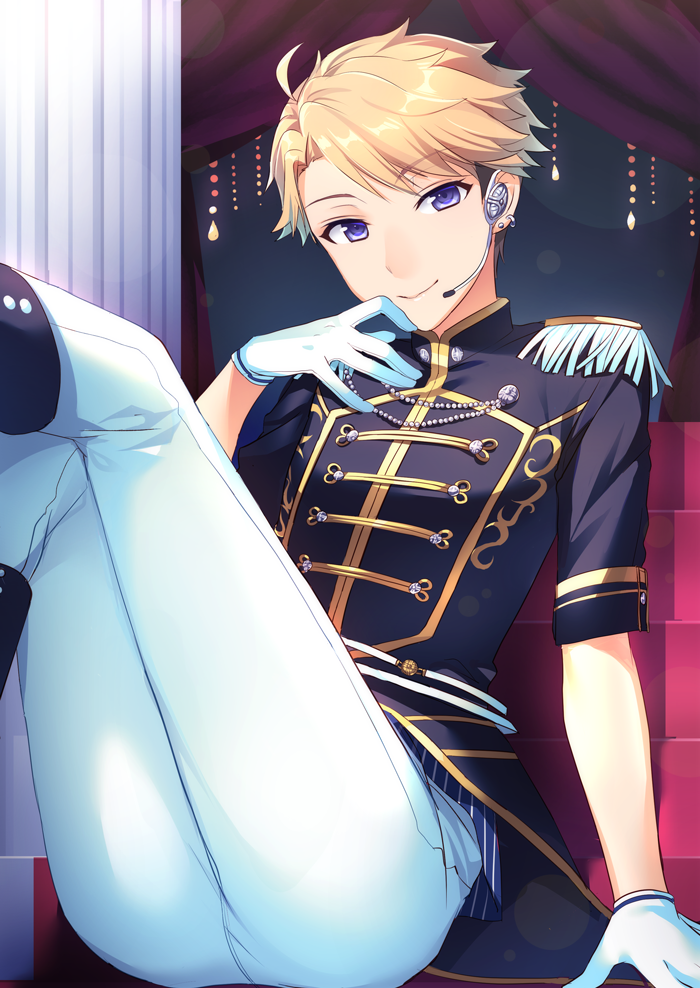 1boy :&gt; arm_support blonde_hair curtains double-breasted ensemble_stars! epaulettes eyebrows eyebrows_visible_through_hair gloves headset legs_up looking_at_viewer male_focus mochiko_(mochiko3121) narukami_arashi pants solo violet_eyes white_gloves white_pants