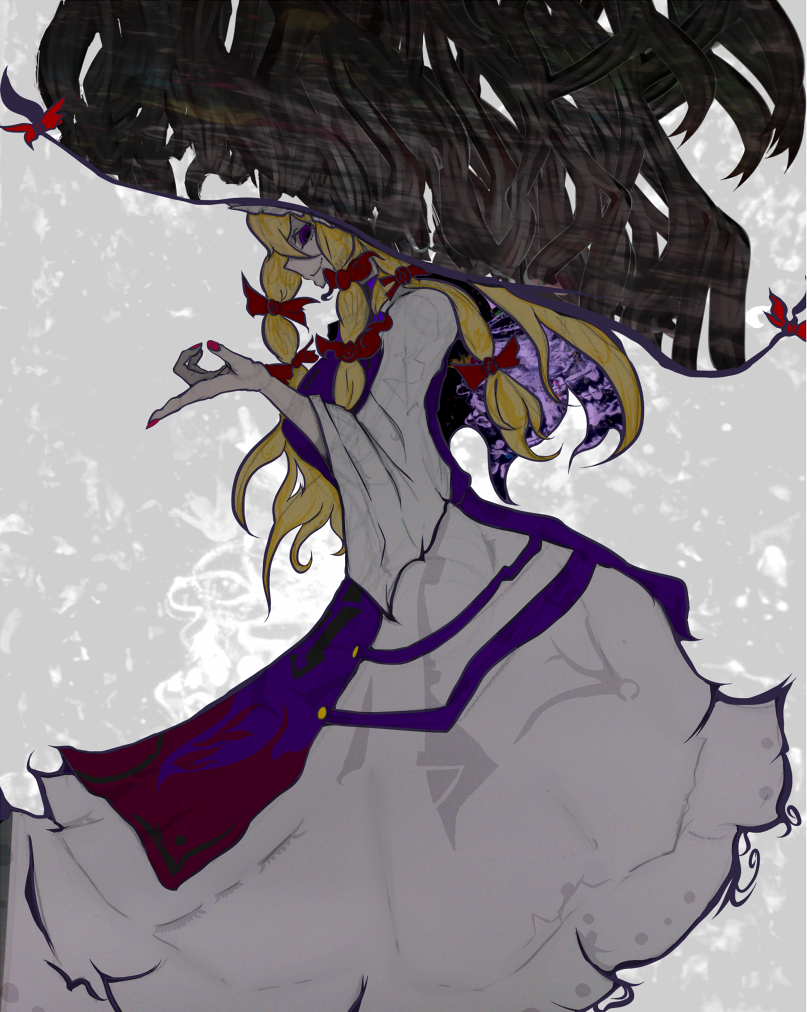 1girl abstract_background blonde_hair bow commentary_request creepy dress from_side gap grey_background hair_bow image_fill long_hair looking_at_viewer nail_polish pointing red_bow red_nails robe smile solo tabard tabazi tentacles touhou very_long_hair violet_eyes white_dress yakumo_yukari