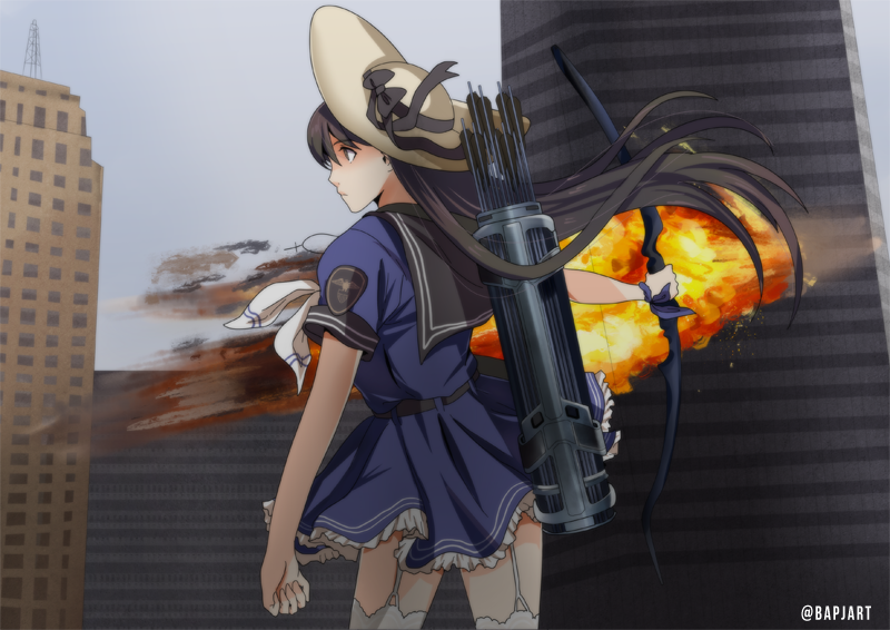 1girl alternate_weapon artist_request avengers black_hair blue_dress bow_(weapon) brown_eyes commentary dress explosion garter_straps hat hawkeye_(marvel) iowa_(pacific) kantai_collection long_hair object_namesake pacific parody pun quiver sailor_dress sun_hat thigh-highs weapon