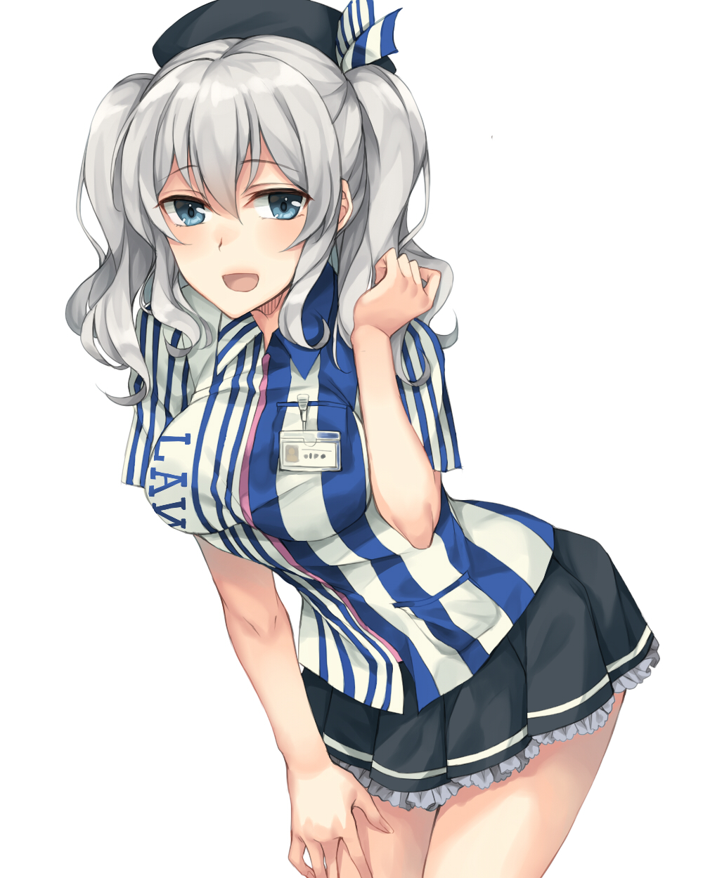 1girl :d beret blue_eyes breasts employee_uniform frilled_skirt frills hat highres kantai_collection kashima_(kantai_collection) lawson leaning_forward long_hair looking_at_viewer medium_breasts miniskirt name_tag open_mouth pleated_skirt rinarisa shirt short_sleeves silver_hair simple_background skirt smile solo striped tsurime twintails uniform wavy_hair white_background