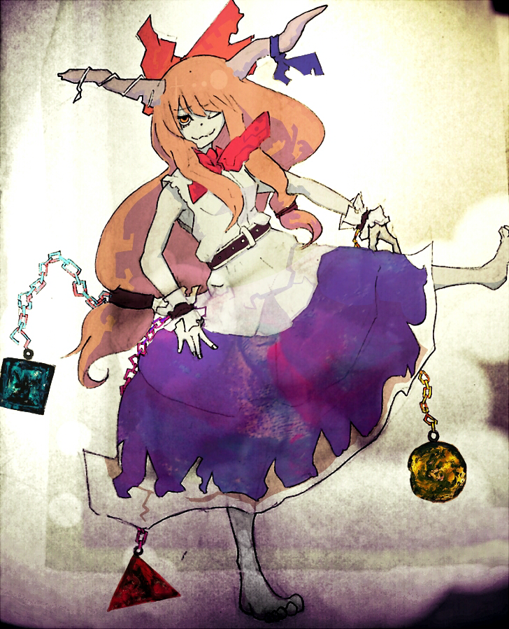 1girl barefoot belt blue_ribbon bow chain commentary_request hair_bow horn_ribbon horns ibuki_suika large_bow leg_up long_skirt looking_at_viewer marker_(medium) mixed_media one_eye_closed orange_eyes orange_hair paint_(medium) red_bow ribbon shirt sidelocks skirt sleeveless sleeveless_shirt solo tabazi texture touhou traditional_media white_background wrist_cuffs