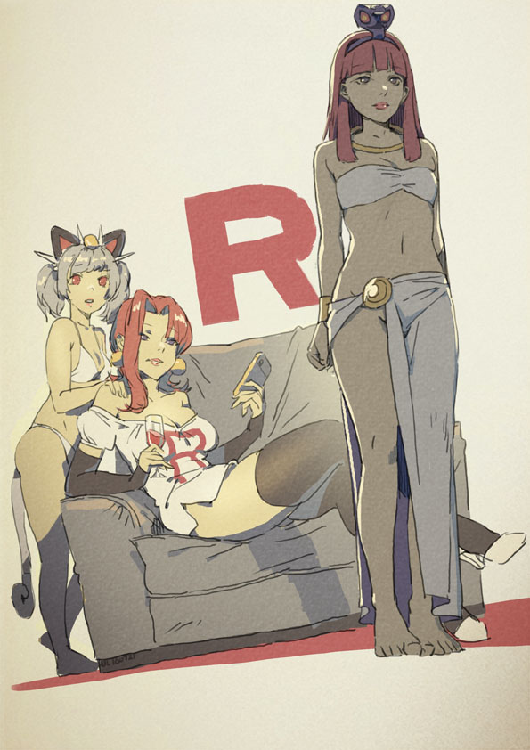 3girls animal_ears arbok bangs bare_shoulders bikini black_legwear blunt_bangs breasts cat_ears cellphone cleavage couch cup drinking_glass earrings green_eyes grey_hair high_heels hjl jewelry lipstick long_hair lounging makeup meowth multiple_girls musashi_(pokemon) pearl_earrings personification phone pokemon pokemon_(game) pokemon_go red_eyes redhead sitting smartphone swimsuit team_rocket thigh-highs twintails white_bikini wine_glass