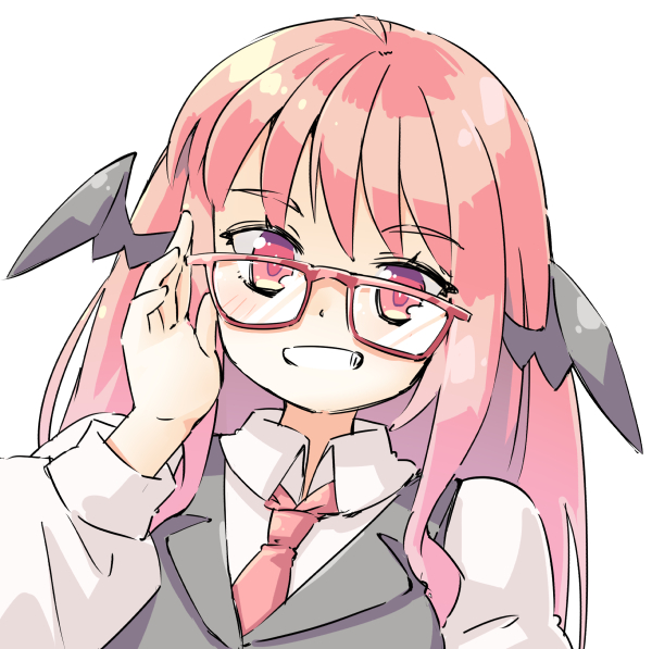 1girl adjusting_eyewear arnest bat_wings bespectacled black_vest commentary glasses glasses_day grin hand_up head_wings koakuma long_hair looking_at_viewer necktie red-framed_eyewear red_eyes red_neckwear redhead shirt simple_background smile solo touhou upper_body vest white_background white_shirt wings