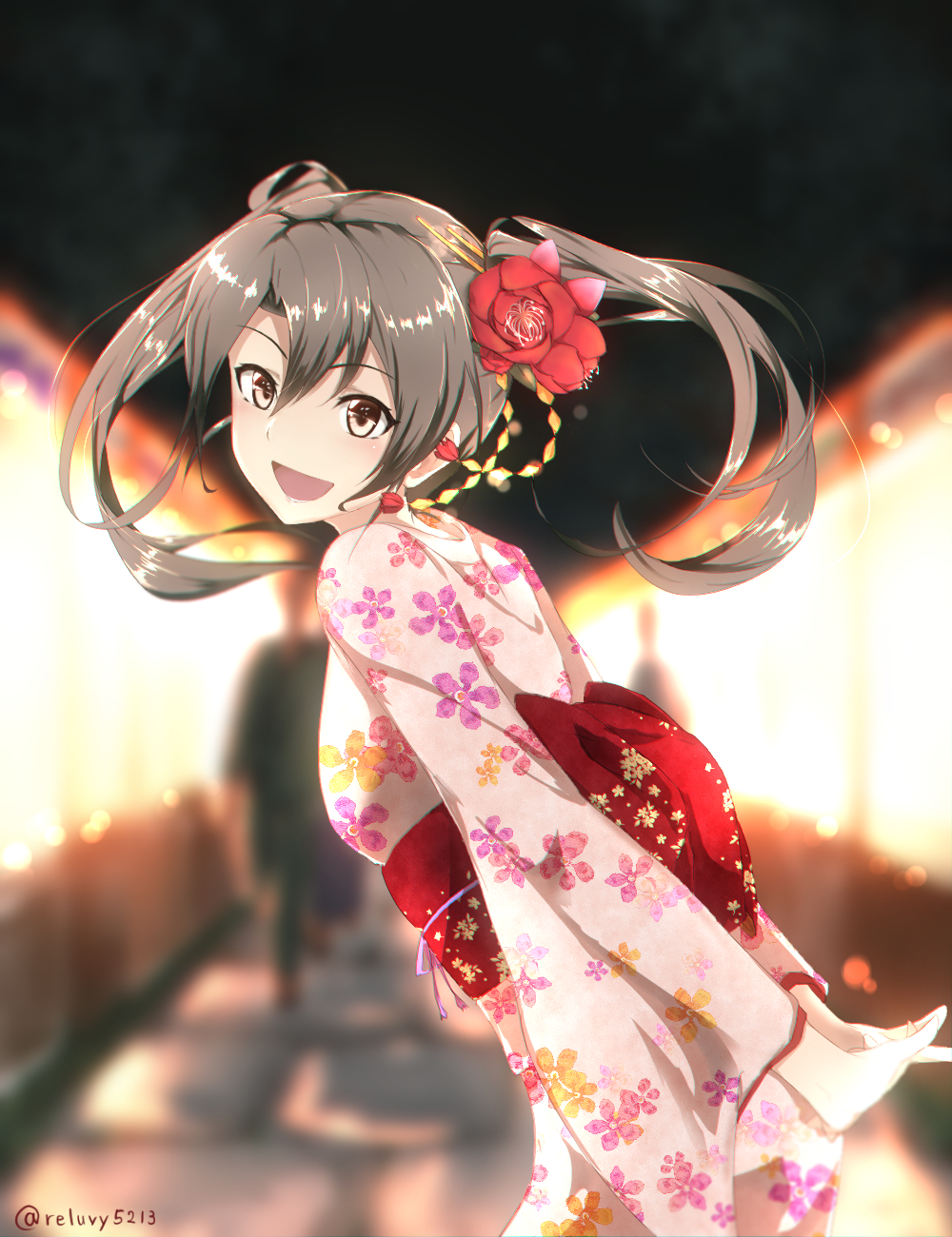 1girl :d alternate_costume arms_behind_back blurry blurry_background bokeh brown_eyes cowboy_shot depth_of_field floral_print flower from_side green_hair hair_flower hair_ornament hands_clasped highres japanese_clothes kantai_collection kimono leaning_forward long_sleeves looking_at_viewer obi open_mouth pavement rerubixi sash smile solo_focus twintails twitter_username wide_sleeves yukata zuikaku_(kantai_collection)