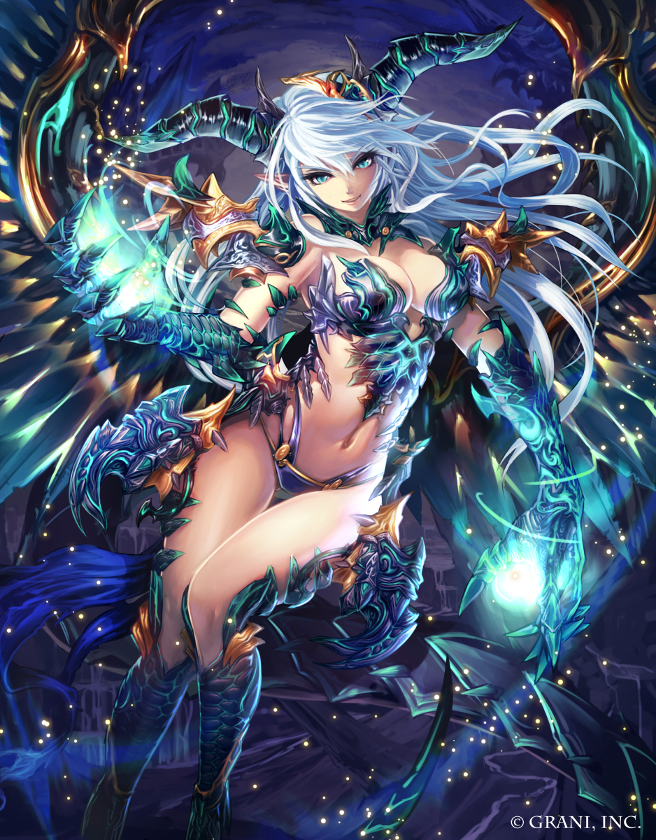 1girl armor bikini_armor breasts claws cleavage dragon_girl fantasy highres horns kazto_furuya looking_at_viewer midriff monster_girl navel official_art pointy_ears revealing_clothes shingoku_no_valhalla_gate solo thigh_gap watermark white_hair wings