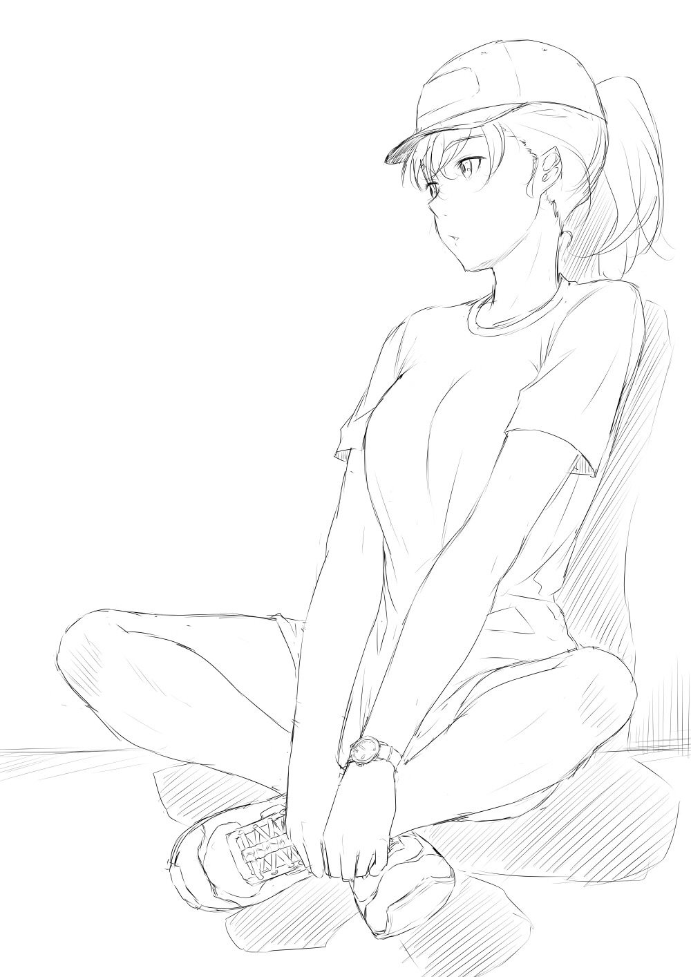 1girl baseball_cap breasts hat highres holding_feet indian_style medium_breasts monochrome niwatazumi original parted_lips ponytail shadow shirt shoes short_sleeves shorts sitting sketch sneakers solo t-shirt wall watch watch