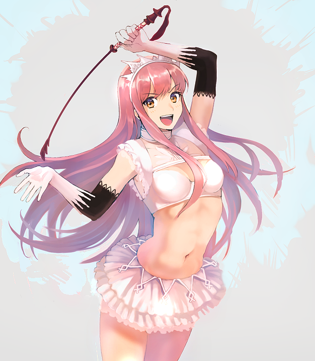 1girl bare_legs breasts elbow_gloves fate/grand_order fate_(series) gloves large_breasts legs long_hair medb_(fate/grand_order) midriff miniskirt navel ofstan orange_eyes pink_hair pleated_skirt riding_crop skirt smile solo teeth thighs