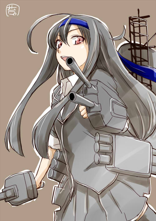 1girl ahoge black_hair cannon cowboy_shot hatsushimo_(kantai_collection) headband kantai_collection kote_(dew) long_hair open_mouth pleated_skirt red_eyes remodel_(kantai_collection) school_uniform skirt solo
