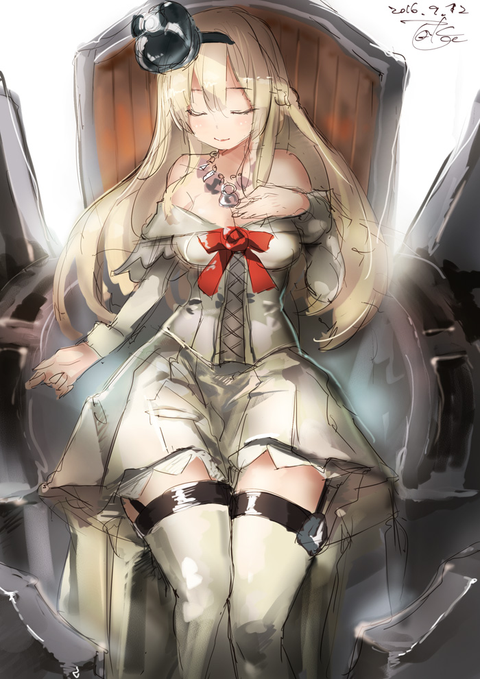 1girl blonde_hair braid closed_eyes crown dress french_braid garter_straps hairband kantai_collection long_hair mini_crown off_shoulder sitting thigh-highs throne toka_(marchlizard) warspite_(kantai_collection) white_dress white_legwear