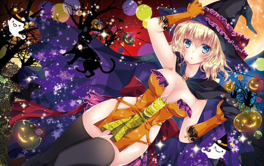 &gt;_&lt; 1girl :d :o ;) adjusting_clothes adjusting_hat alice_margatroid alternate_costume ass_visible_through_thighs black_cape black_cat black_hat black_legwear blonde_hair blue_eyes blush bow breasts cape cat cleavage closed_eyes commentary_request dress full_moon ghost gloves halloween halloween_costume hat jack-o'-lantern lace lace-trimmed_gloves large_breasts looking_at_viewer microdress moon no_bra no_panties one_eye_closed open_mouth orange_dress orange_gloves pekopokox pelvic_curtain red_bow revealing_clothes short_hair smile solo sparkle star thigh-highs touhou tree_shade witch_hat xd