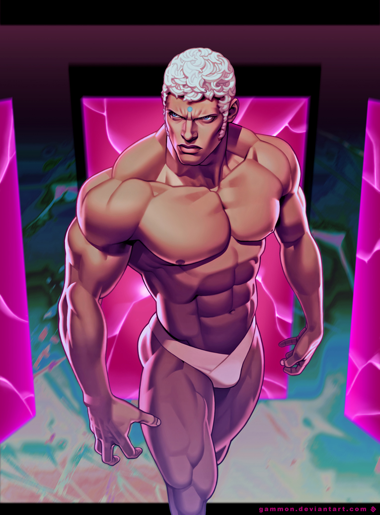 1boy abs chad_walker commentary curly_hair dark_skin forehead_jewel lips male_swimwear muscle shirtless short_hair sideburns solo street_fighter street_fighter_iii swimwear thick_thighs thighs thong urien white_hair