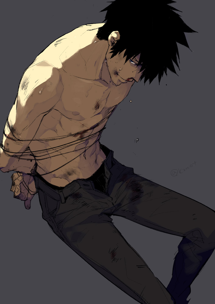 1boy arms_behind_back black_hair blood bound bruise from_above injury kazunon kougami_shin'ya male_focus nipples nosebleed psycho-pass shirtless simple_background sitting smile solo sweat tied_up twitter_username unzipped