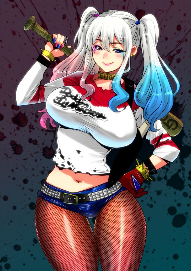 1girl bat blush breasts harley_quinn harley_quinn_(cosplay) huge_breasts kantai_collection kashima_(kantai_collection) looking_at_viewer multicolored_hair pantyhose perepere-kun shorts silver_hair smile suicide_squad twintails white_hair