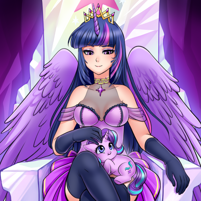 1girl bangs blue_eyes blue_hair breasts cleavage commentary crossed_legs dress elbow_gloves feathered_wings female gloves horn jewelry my_little_pony my_little_pony_friendship_is_magic necklace personification racoon-kun sidelocks sitting smile starlight_glimmer strapless strapless_dress throne twilight_sparkle violet_eyes wings